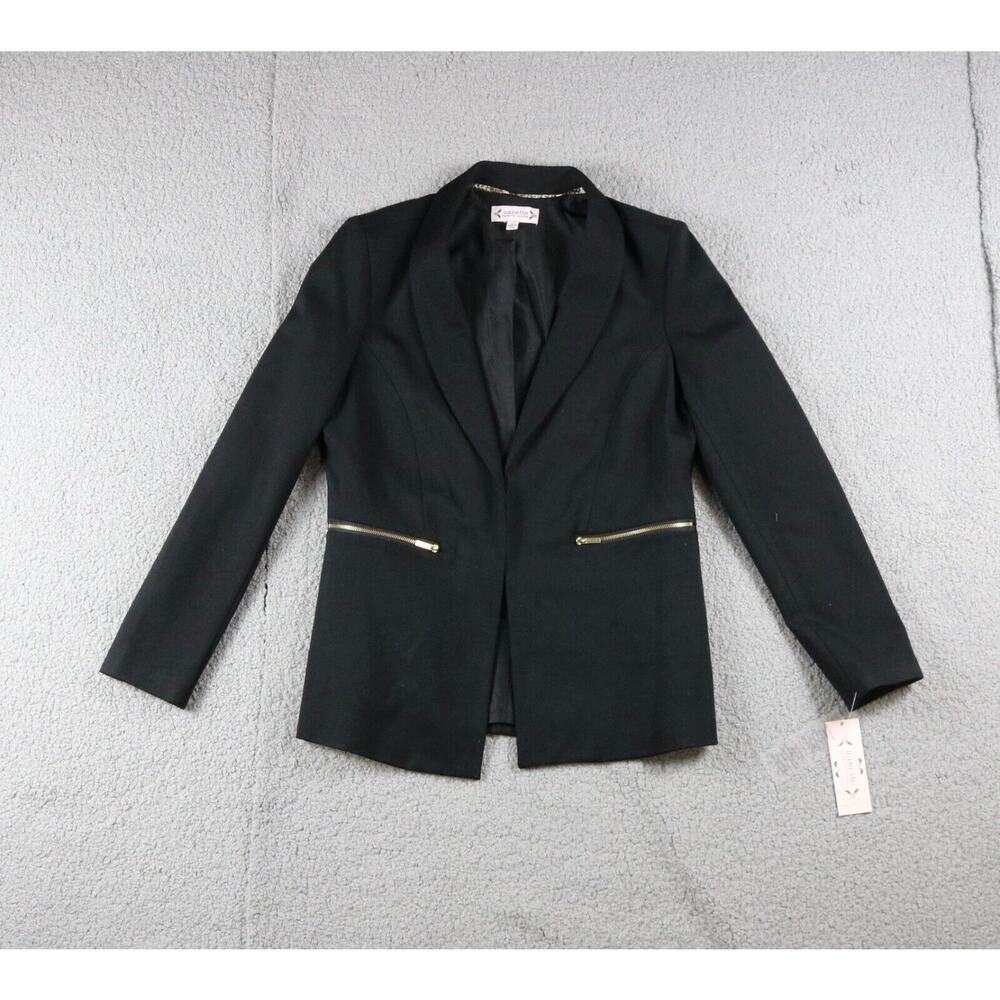 New Nanette Lepore Blazer Womens 6 Black Tuxedo Gold Colored Zipper Pockets
